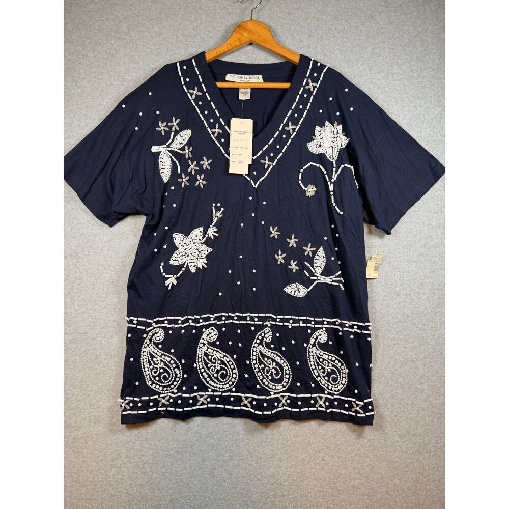 Vintage Victoria Jones Woman 2X Navy Beaded Paisley Floral Cotton Top NWT 3892